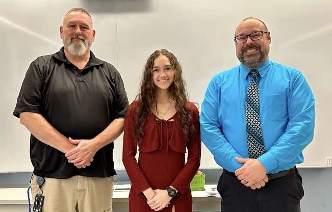 SRTC Student of the Year Mercedes Swanson is congratulated by Law Enforcement teacher Michael Thornton (L) and SRTC Director Matt Petermann (R).