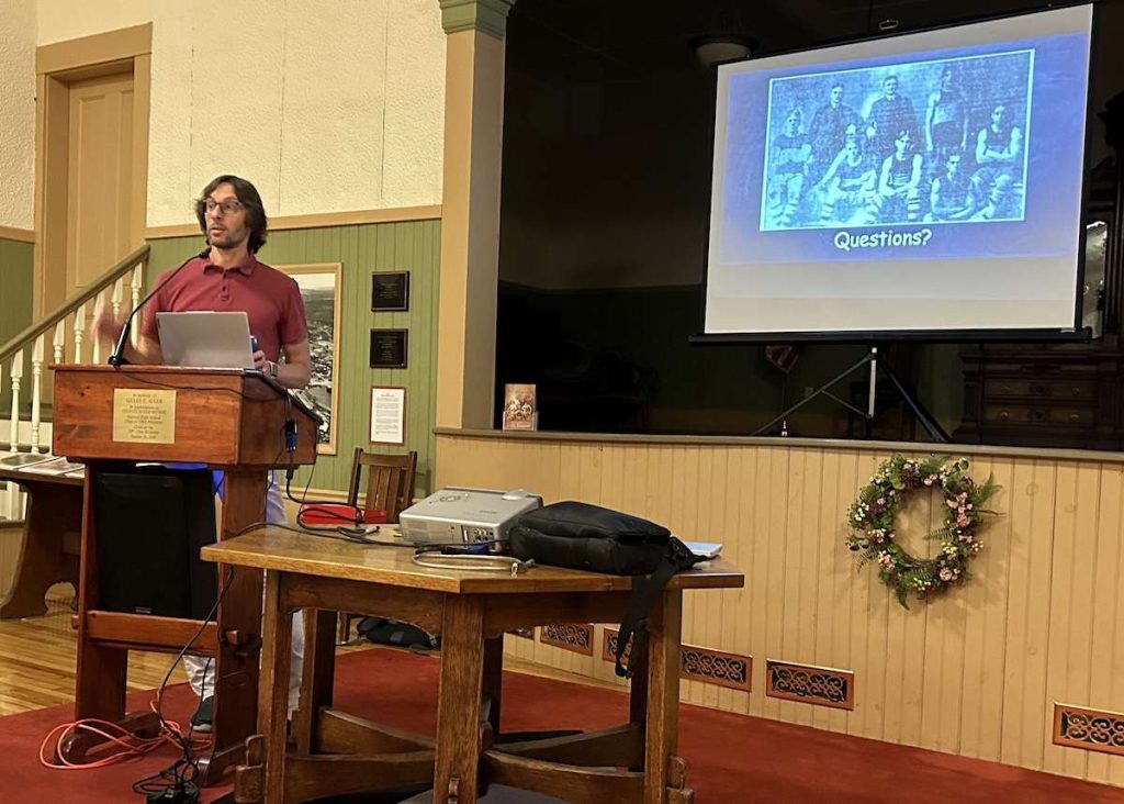 Chris Boucher speaks about Bucky Lew at the Sanford-Springvale Historical Society. 